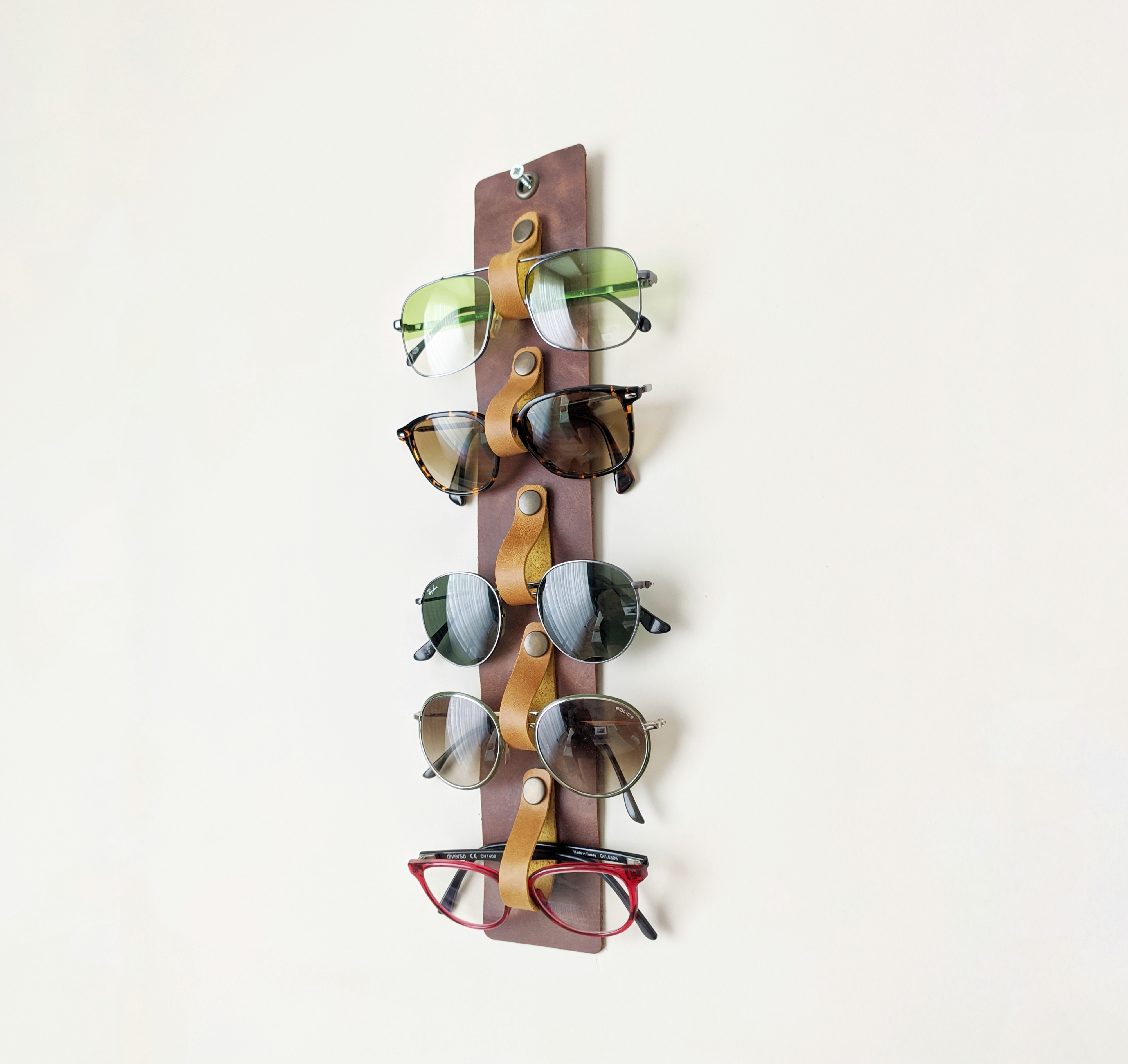 Handmade genuine leather sunglasses holder wall mount — stores 5 pairs, distressed leather eyeglass organizer